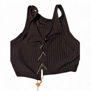 Black Sleeveless Top with Gold Chain Detail